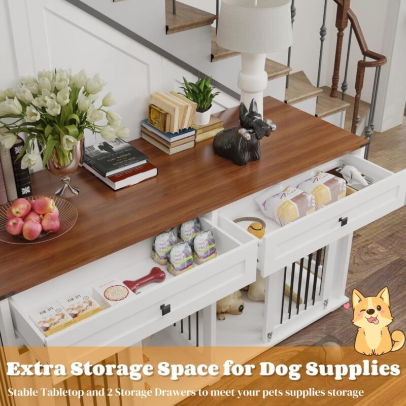 63'' Large Dog Crate Furniture for Double Dogs, Wooden Dog Kennel with 2 Drawers, Divider, Sliding Doors, Water-Resistant MDF Construction, Removable Divider for Large Dogs - Image 4