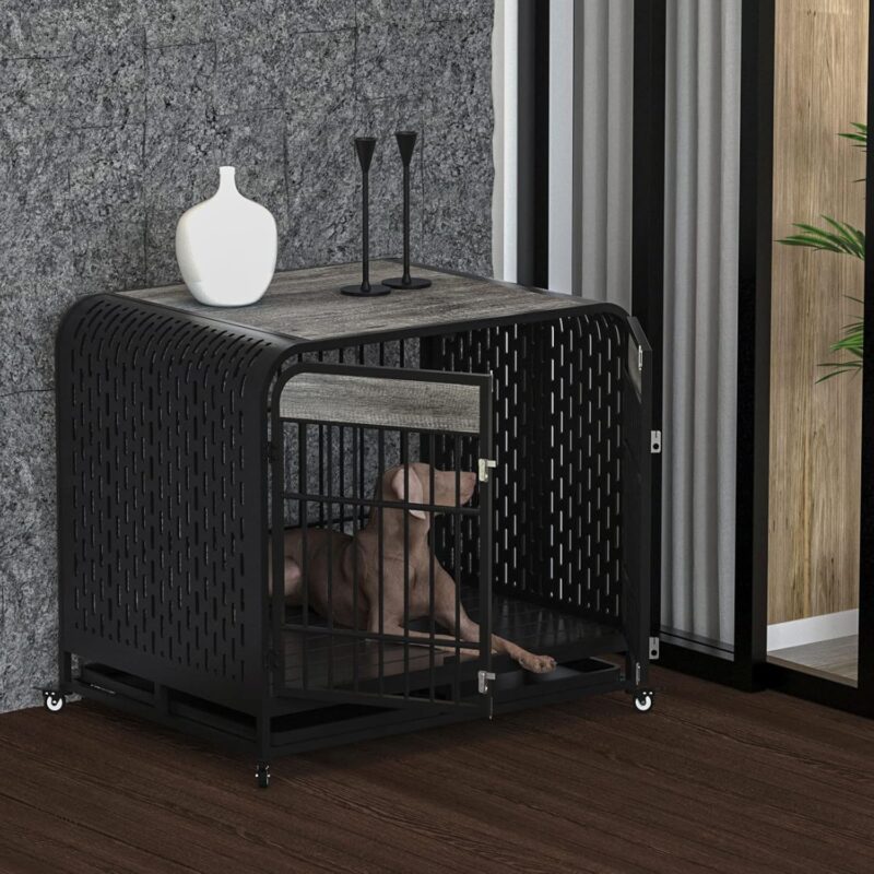 Large Dog Crate Furniture - Wooden Side Table & Pet Kennel with Removable Tray, Lockable Wheels for Medium and Large Dogs - 42" Grey - Image 2