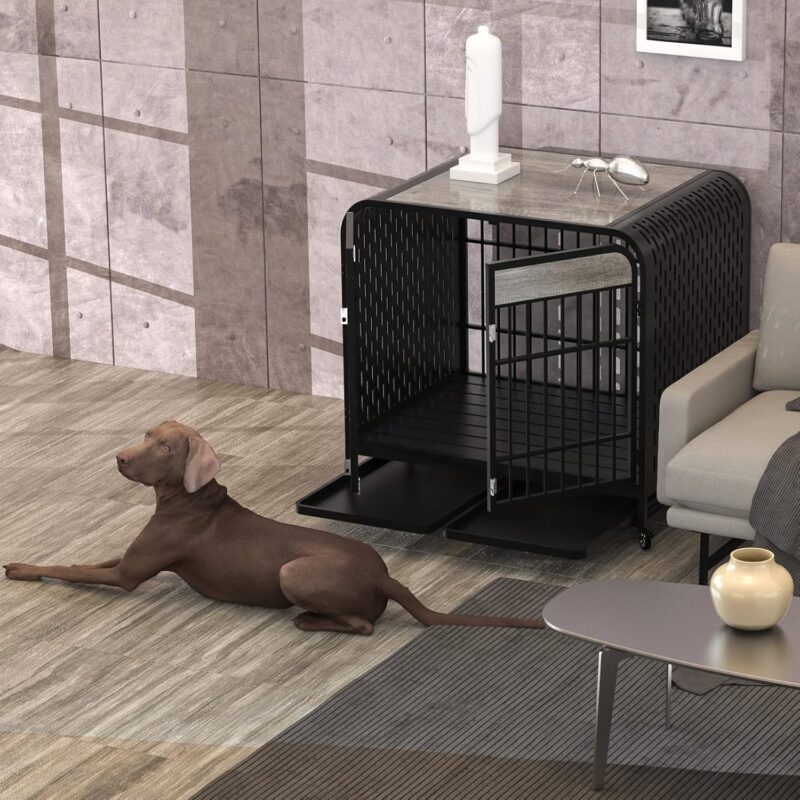 Large Dog Crate Furniture - Wooden Side Table & Pet Kennel with Removable Tray, Lockable Wheels for Medium and Large Dogs - 42" Grey - Image 3