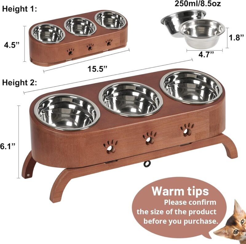 handrong Elevated Cat Bowls,Cat Food Bowls,Tilted Pet Bowl,Bamboo Raised Cat Bowl,Adjustbale Cat Feeding Bowls Pet Feeder with Stand 3 Stainless Steel Bowls for Cats Small Dogs - Image 6