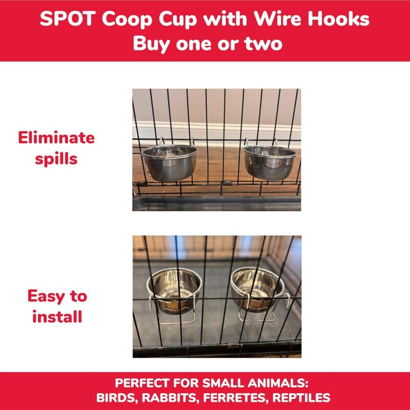 SPOT Stainless Steel Coop Cup with Wire Hooks – Durable, Chew-Resistant Food Bowl for Cages and Crates, Ideal for Feeding Birds, Parrots, Rabbits, Ferrets, and Reptiles, 10oz (1-1/4 Cups) - Image 3