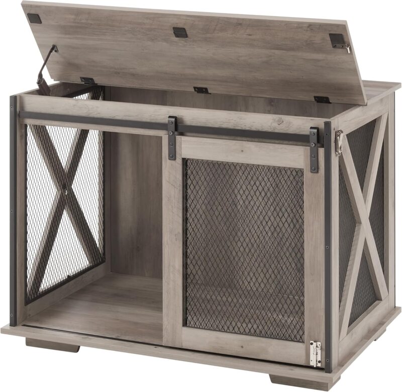 ZSQ Dog Crate Furniture, Farmhouse Wooden Dog Kennel with Sliding Barn Door, End Table Dog Cage with Detachable Divider, Dog House for Small/Medium/Large Dog, Grey - Image 2