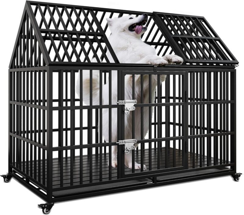 Heavy-Duty XL Dog Crate with Pointed Roof & Top Door - Safe, Durable, & Easy to Move.54 Heavy Duty Dog Crate Large Dog cage Strong Metal Dog Kennels and Crates for Large Dogs