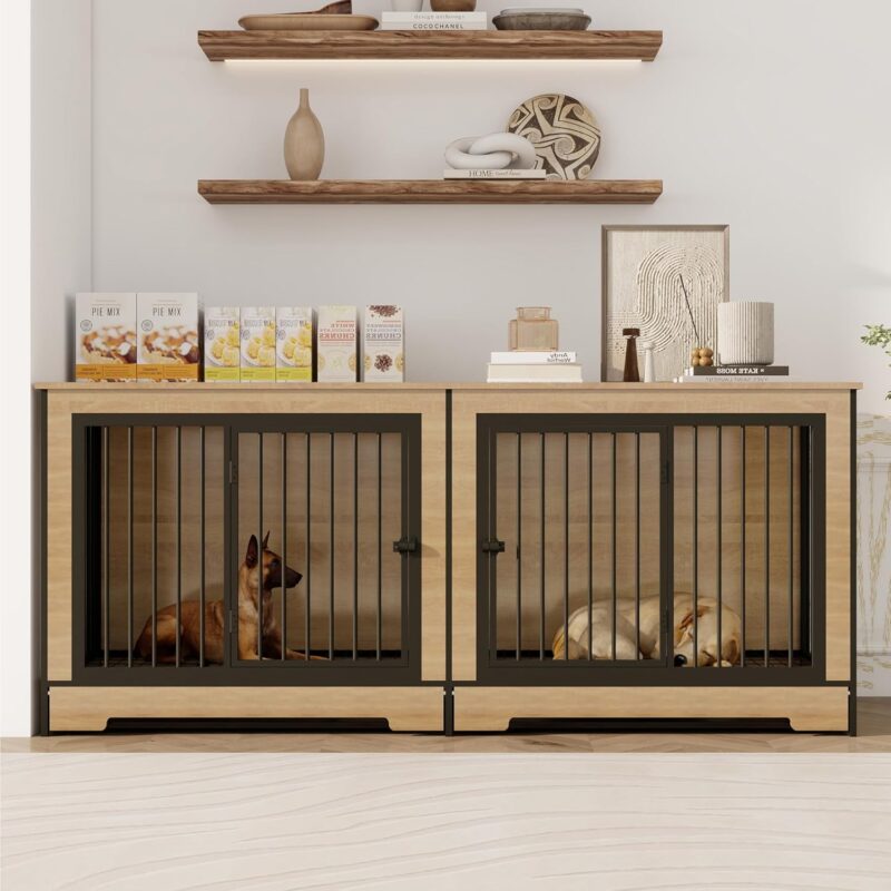 XL Double Large Dog Crate Furniture for 2 Dogs, Heavy Duty Dog Crate with Two Combined Rooms for Medium & Large Dogs, Wooden Dog Kennel with Tray & Partition, Metal Dog Cage Furniture, Dog Playpen - Image 3