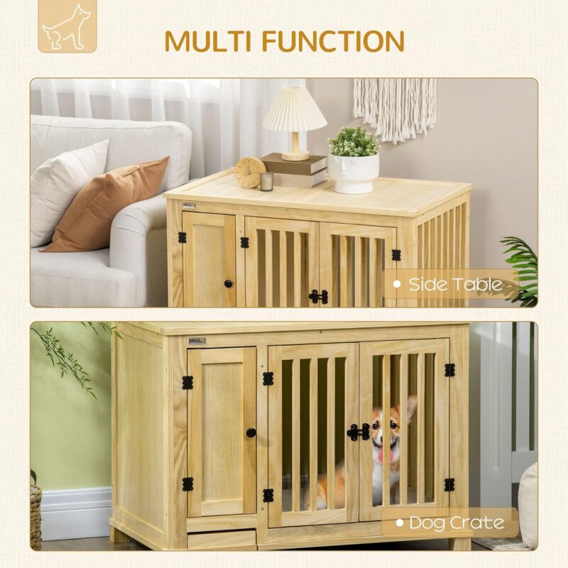 Wood Dog Crate End Table with Hidden Food Bowl, Dog Kennel Furniture with Cushion for Small Dogs Indoor Use - Image 5