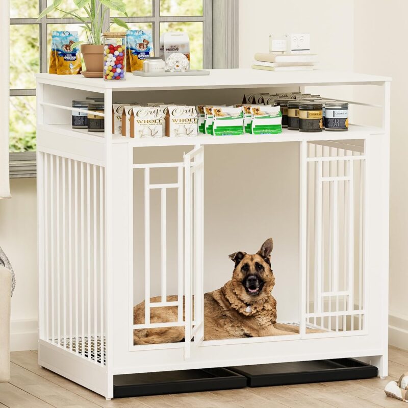 43.3 inch Dog Crate Furniture, Wooden Dog Crate with Divider,Double Door Dog Kennel with Three Drawers Storages,Heavy Duty Dogs Decorative Pet House for Large Medium Dogs (White)
