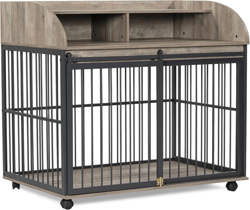 44'' Heavy Duty Large Dog Crate Furniture for Large Medium Dog with Lockable Wheels, Wooden Dog Crate Dog Kennel, End Table Crate with Double Layer Storage, Gray