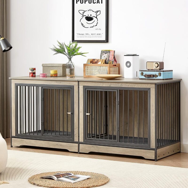 Dog Crate Furniture with Two Combined Room, Large Double Dog Cage Furniture with Tray for Medium Large Dogs, Wooden Dog Kennel Furniture