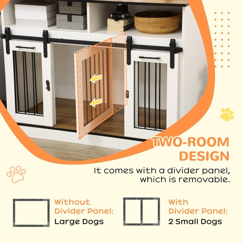 Kaimei Double Dog Crate Furniture with Divider - Pet Crate Table with Sliding Doors & Shelves for Large or Small Dogs - Modern White - Image 5