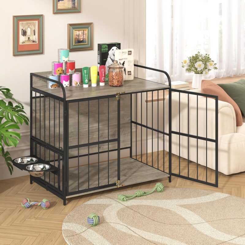 39'' Indoor Metal Dog Crate with Double Doors, Wooden Side End Table Crate, Dog Crate Furniture with Adjustable Feeder Stand, for Medium Dog, Gray - Image 6