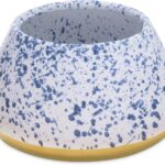 Navaris Ceramic Dog Bowl - Water & Food Bowl for Dogs with Long Ears Cocker Spaniel Beagle Bassett Hound - No Spill Pet Bowl - White w/Blue Speckles