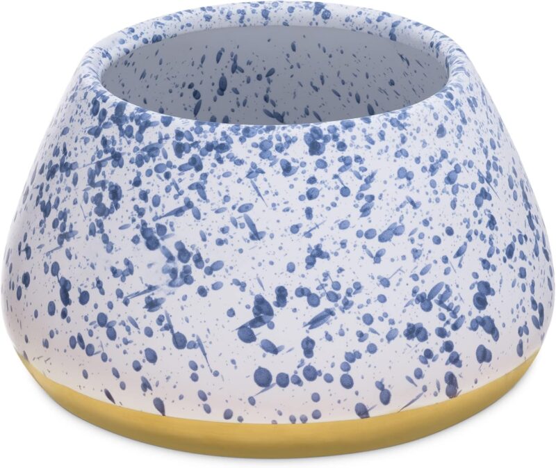 Navaris Ceramic Dog Bowl - Water & Food Bowl for Dogs with Long Ears Cocker Spaniel Beagle Bassett Hound - No Spill Pet Bowl - White w/Blue Speckles