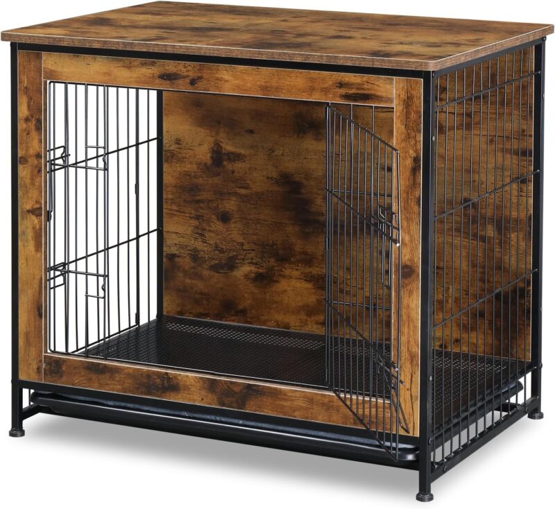 Dog Crate Furniture with Cushion, Wooden Dog Crate Table, Double Doors Dog Furniture, Indoor Dog Kennel, Dog House, Dog Cage Medium, 31.7 x 21.9 x 25.6'', Rustic Brown - Image 2