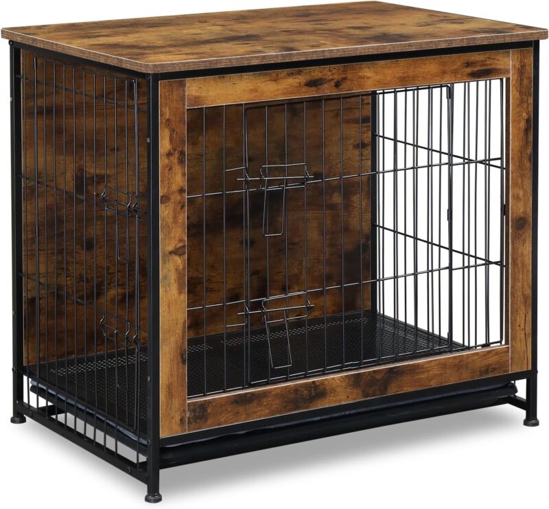 Dog Crate Furniture with Cushion, Wooden Dog Crate Table, Double Doors Dog Furniture, Indoor Dog Kennel, Dog House, Dog Cage Medium, 31.7 x 21.9 x 25.6'', Rustic Brown