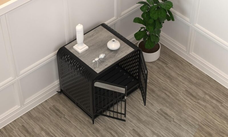 Large Dog Crate Furniture - Wooden Side Table & Pet Kennel with Removable Tray, Lockable Wheels for Medium and Large Dogs - 42" Grey - Image 8