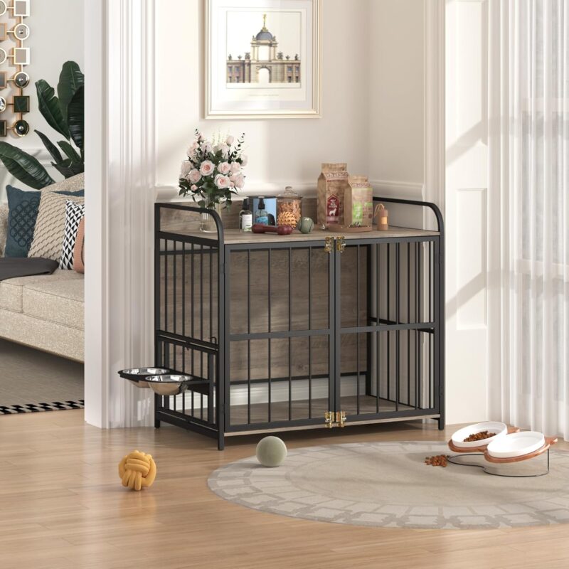 39'' Indoor Metal Dog Crate with Double Doors, Wooden Side End Table Crate, Dog Crate Furniture with Adjustable Feeder Stand, for Medium Dog, Gray - Image 3