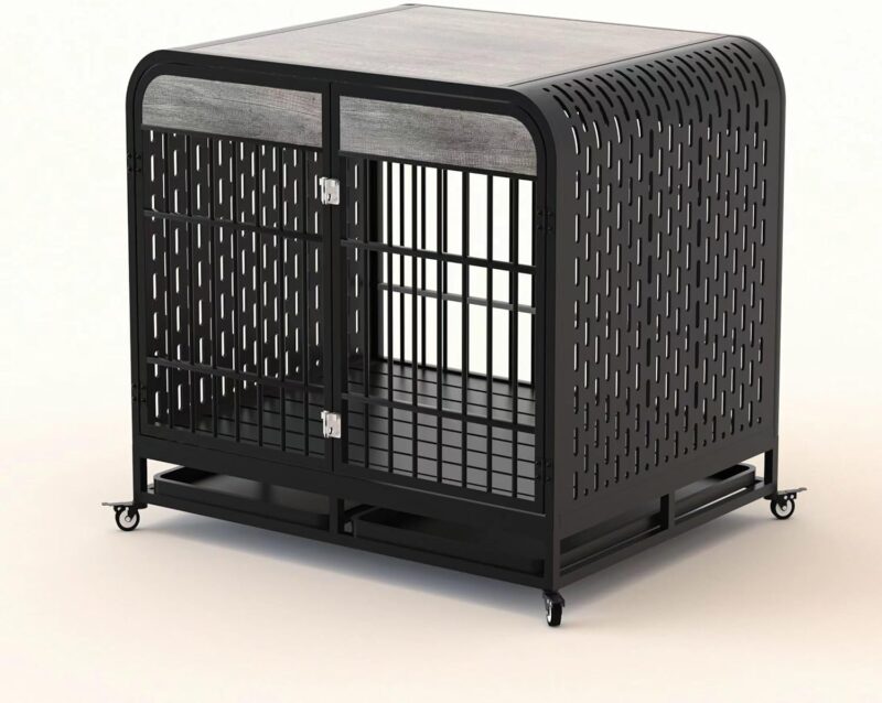 Large Dog Crate Furniture - Wooden Side Table & Pet Kennel with Removable Tray, Lockable Wheels for Medium and Large Dogs - 42" Grey - Image 9