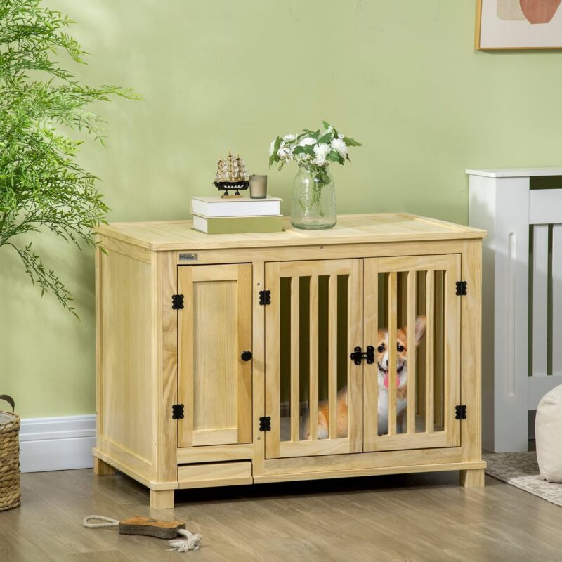 Wood Dog Crate End Table with Hidden Food Bowl, Dog Kennel Furniture with Cushion for Small Dogs Indoor Use - Image 9