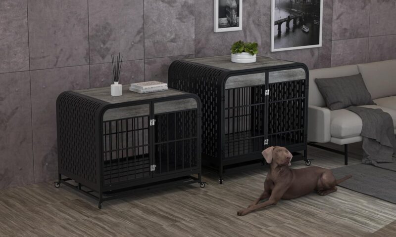 Large Dog Crate Furniture - Wooden Side Table & Pet Kennel with Removable Tray, Lockable Wheels for Medium and Large Dogs - 42" Grey - Image 6