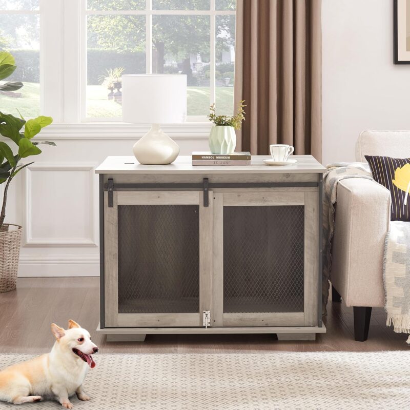 ZSQ Dog Crate Furniture, Farmhouse Wooden Dog Kennel with Sliding Barn Door, End Table Dog Cage with Detachable Divider, Dog House for Small/Medium/Large Dog, Grey - Image 8