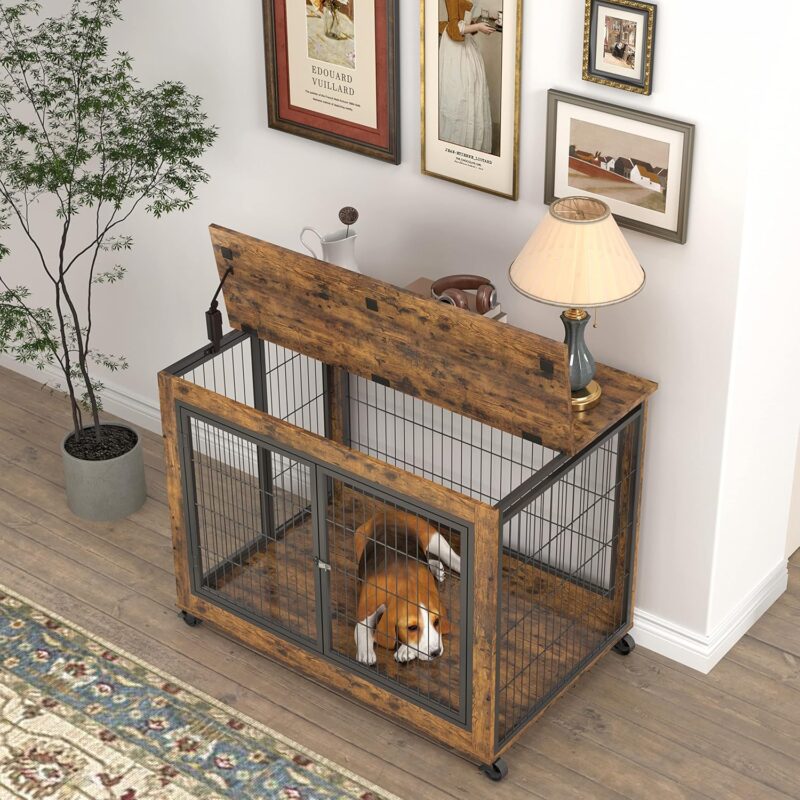 Furniture Dog Cage Crate with Double Doors, Rustic Brown, 38.58" W x 25.2" D x 27.17" H - Image 3