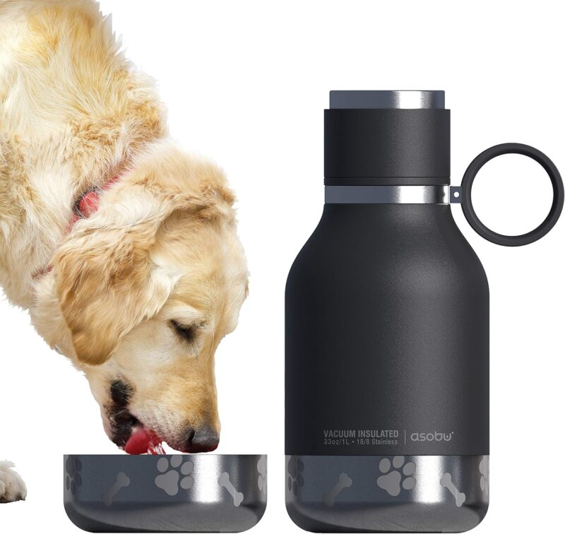 Asobu Dog Bowl Attached to Stainless Steel Insulated Travel Bottle for Human 33 Ounce (Black)