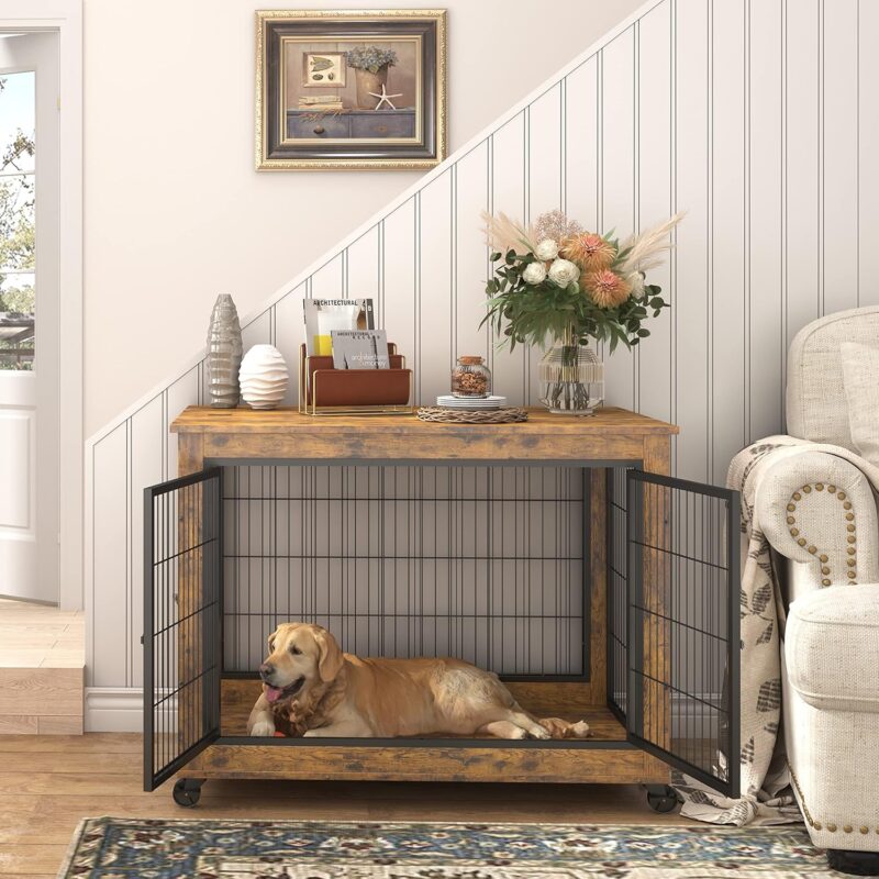 Furniture Dog Cage Crate with Double Doors, Rustic Brown, 38.58" W x 25.2" D x 27.17" H - Image 2