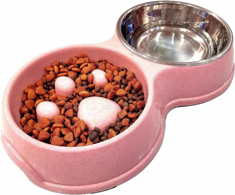 Slow Feeder Dog cat Double Bowl Stainless Steel and Anti-Choking Pink - Image 2