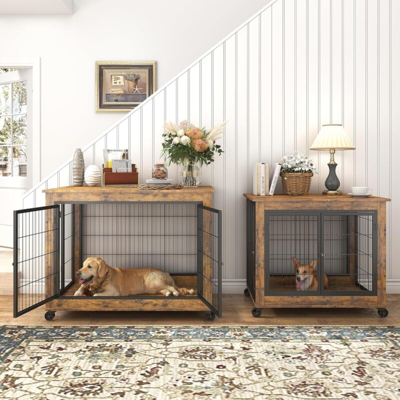 Furniture Dog Cage Crate with Double Doors, Rustic Brown, 38.58" W x 25.2" D x 27.17" H - Image 4