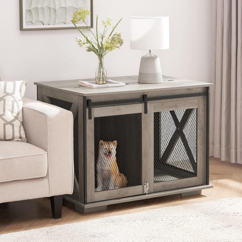 ZSQ Dog Crate Furniture, Farmhouse Wooden Dog Kennel with Sliding Barn Door, End Table Dog Cage with Detachable Divider, Dog House for Small/Medium/Large Dog, Grey