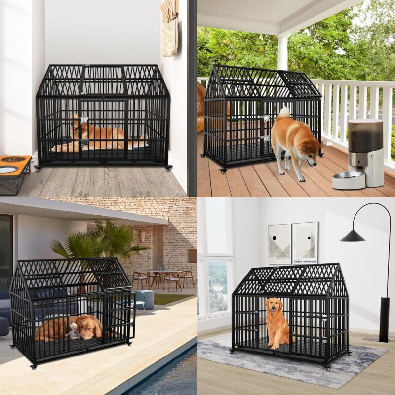 Heavy-Duty XL Dog Crate with Pointed Roof & Top Door - Safe, Durable, & Easy to Move.54 Heavy Duty Dog Crate Large Dog cage Strong Metal Dog Kennels and Crates for Large Dogs - Image 2