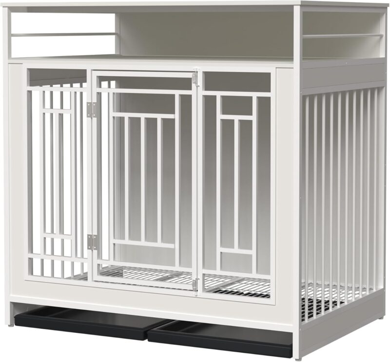 43.3 inch Dog Crate Furniture for Large Dogs,Wooden Dog Crate with Divider,Double Door Dog Kennel with Three Drawers Storages,Heavy Duty Dogs Decorative Pet House for Large Medium Dogs,White