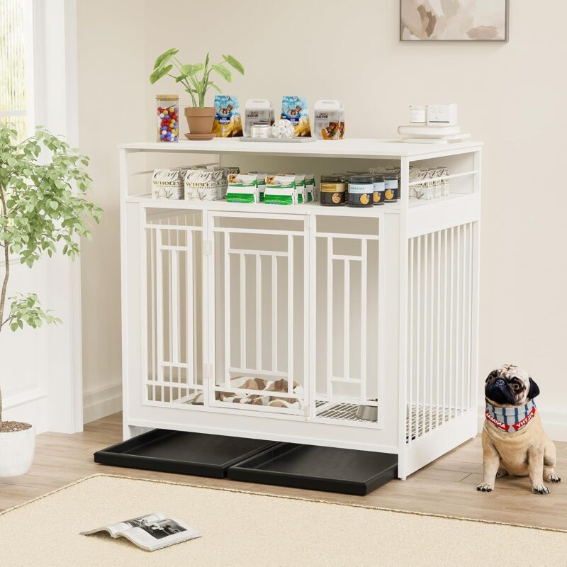 43.3 inch Dog Crate Furniture for Large Dogs,Wooden Dog Crate with Divider,Double Door Dog Kennel with Three Drawers Storages,Heavy Duty Dogs Decorative Pet House for Large Medium Dogs,White - Image 5