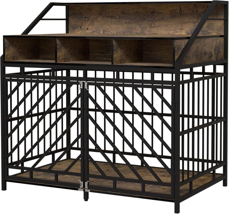 43.3 inch Dog Crate Furniture for Large and Medium Dogs,Wooden Dog Crate with Divider,Double Door Dog Kennel with Three Drawers Storages,Heavy Duty Dogs Decorative Pet House,Rustic Brown
