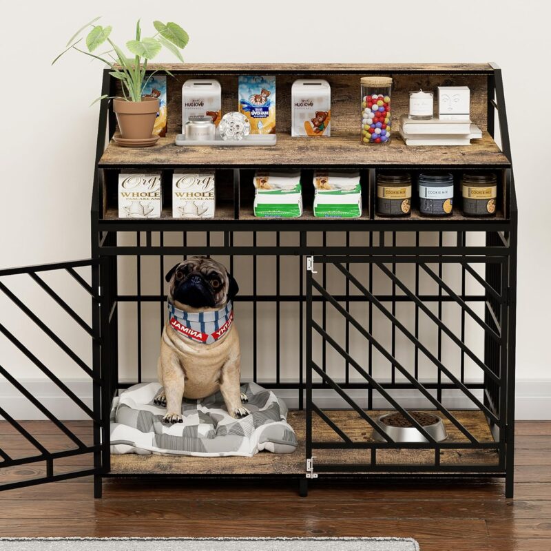 43.3 inch Dog Crate Furniture for Large and Medium Dogs,Wooden Dog Crate with Divider,Double Door Dog Kennel with Three Drawers Storages,Heavy Duty Dogs Decorative Pet House,Rustic Brown - Image 9