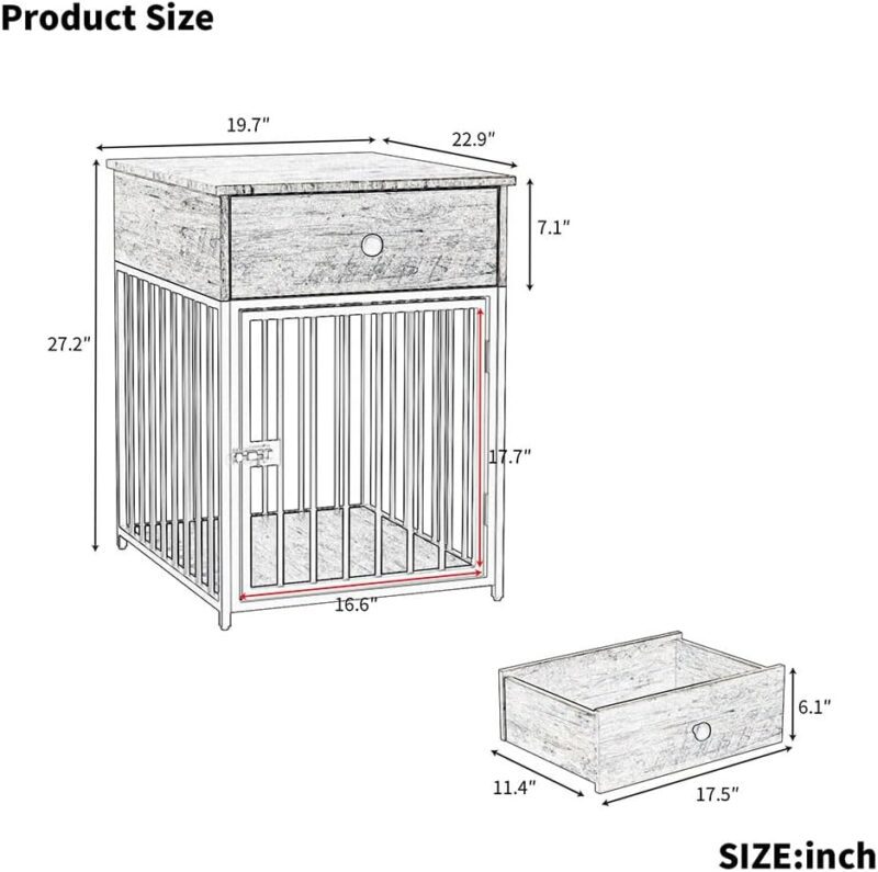 Small Dog Crate Furniture, Metal and Wood Dog Kennel End Table with Storage Drawer and Lock Door, Indoor Decorative Dog Crate Furniture for Small Dog, 19.7" L x 22.9" W x 27.2" H,Gray - Image 3