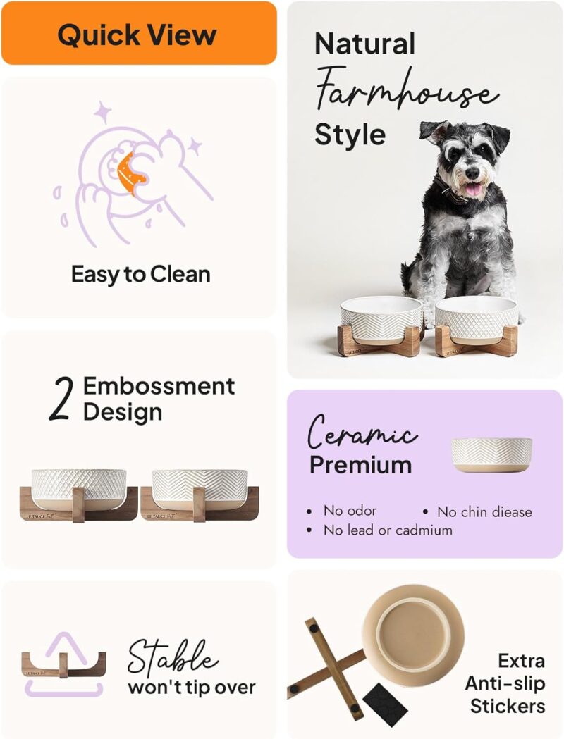 LE TAUCI Ceramic Dog Bowls, 4 Cups Food and Water Bowl for Small Medium Sized Dogs, Dog Feeding Bowls with Wood Stand, Cute Pet Bowls, Dog Dishes, Set of 2, Rhombus+Wave - Image 4