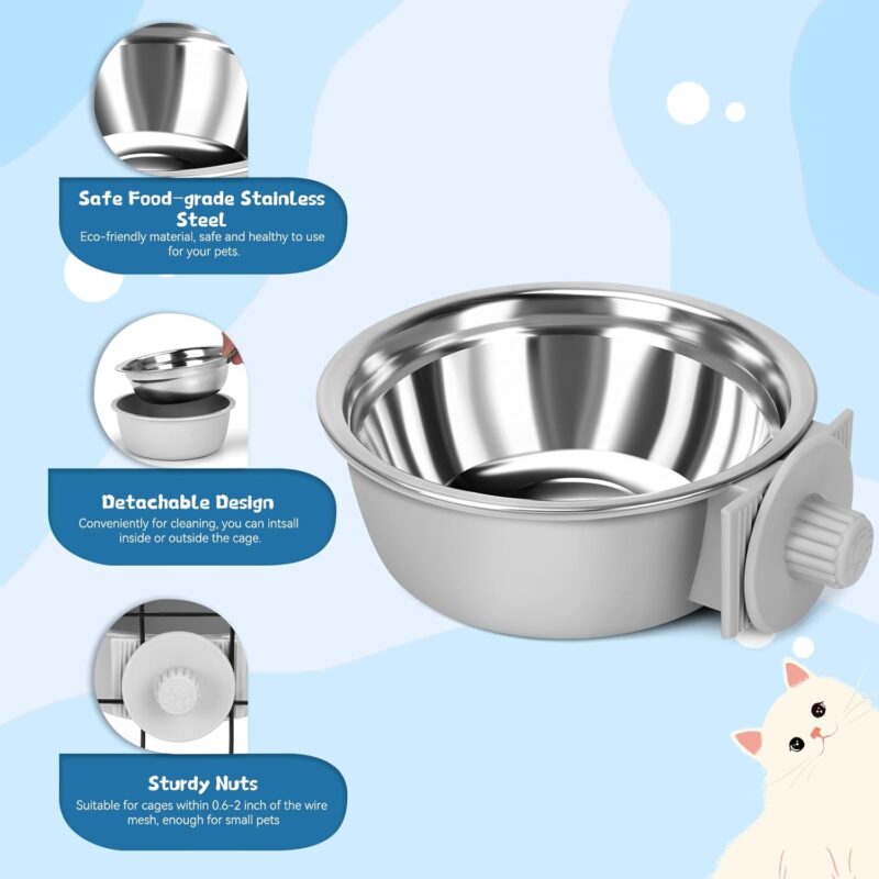 2 Pcs Crate Dog Bowl, Removable Stainless Steel Pet Kennel Hanging Food Water Feeder Bowl Set Non-Spill Cage Feeder for Puppy Small Medium Dog Cat Rabbit Ferret Bird - Image 3