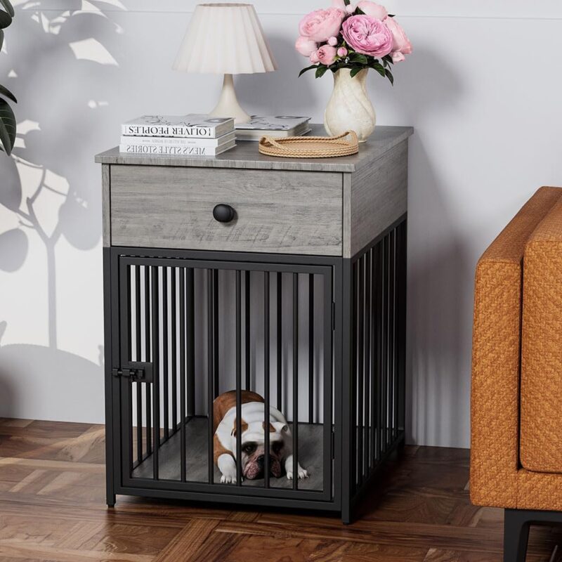 Small Dog Crate Furniture, Metal and Wood Dog Kennel End Table with Storage Drawer and Lock Door, Indoor Decorative Dog Crate Furniture for Small Dog, 19.7" L x 22.9" W x 27.2" H,Gray