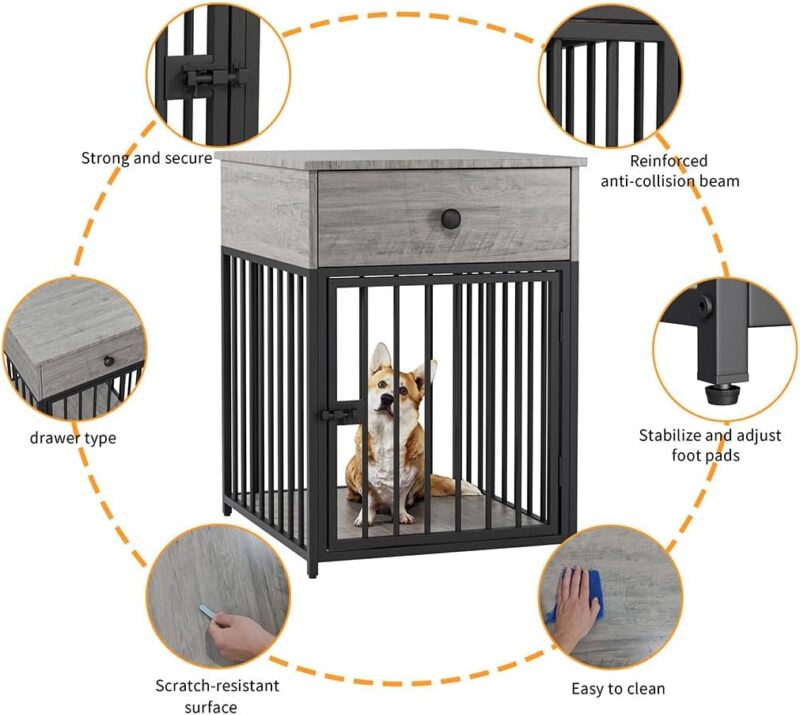 Small Dog Crate Furniture, Metal and Wood Dog Kennel End Table with Storage Drawer and Lock Door, Indoor Decorative Dog Crate Furniture for Small Dog, 19.7" L x 22.9" W x 27.2" H,Gray - Image 5