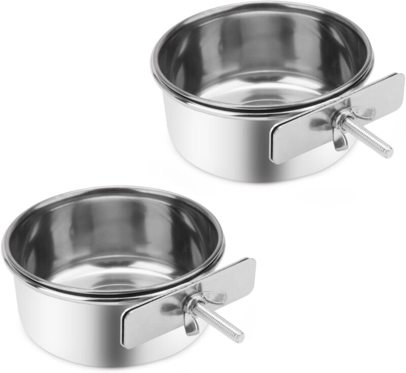 Wontee Pet Food Water Bowl with Clamp Holder Stainless Steel Feeding Cups Feeder for Dog Bird Parrot Cat Rabbit, 2 Packs (S)