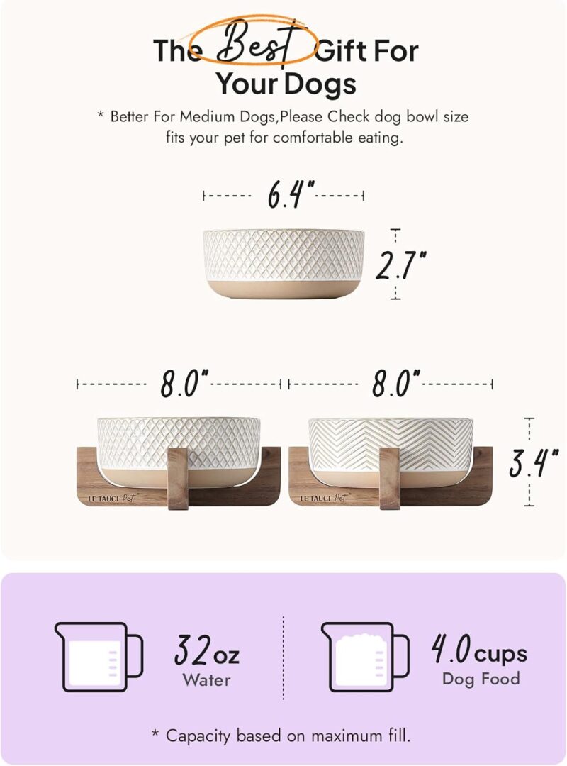 LE TAUCI Ceramic Dog Bowls, 4 Cups Food and Water Bowl for Small Medium Sized Dogs, Dog Feeding Bowls with Wood Stand, Cute Pet Bowls, Dog Dishes, Set of 2, Rhombus+Wave - Image 3