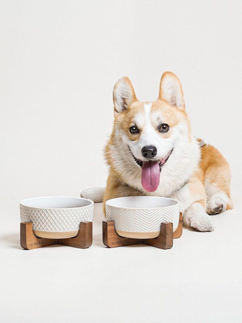 LE TAUCI Ceramic Dog Bowls, 4 Cups Food and Water Bowl for Small Medium Sized Dogs, Dog Feeding Bowls with Wood Stand, Cute Pet Bowls, Dog Dishes, Set of 2, Rhombus+Wave - Image 6