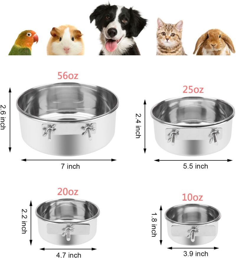 Wontee Pet Food Water Bowl with Clamp Holder Stainless Steel Feeding Cups Feeder for Dog Bird Parrot Cat Rabbit, 2 Packs (S) - Image 5