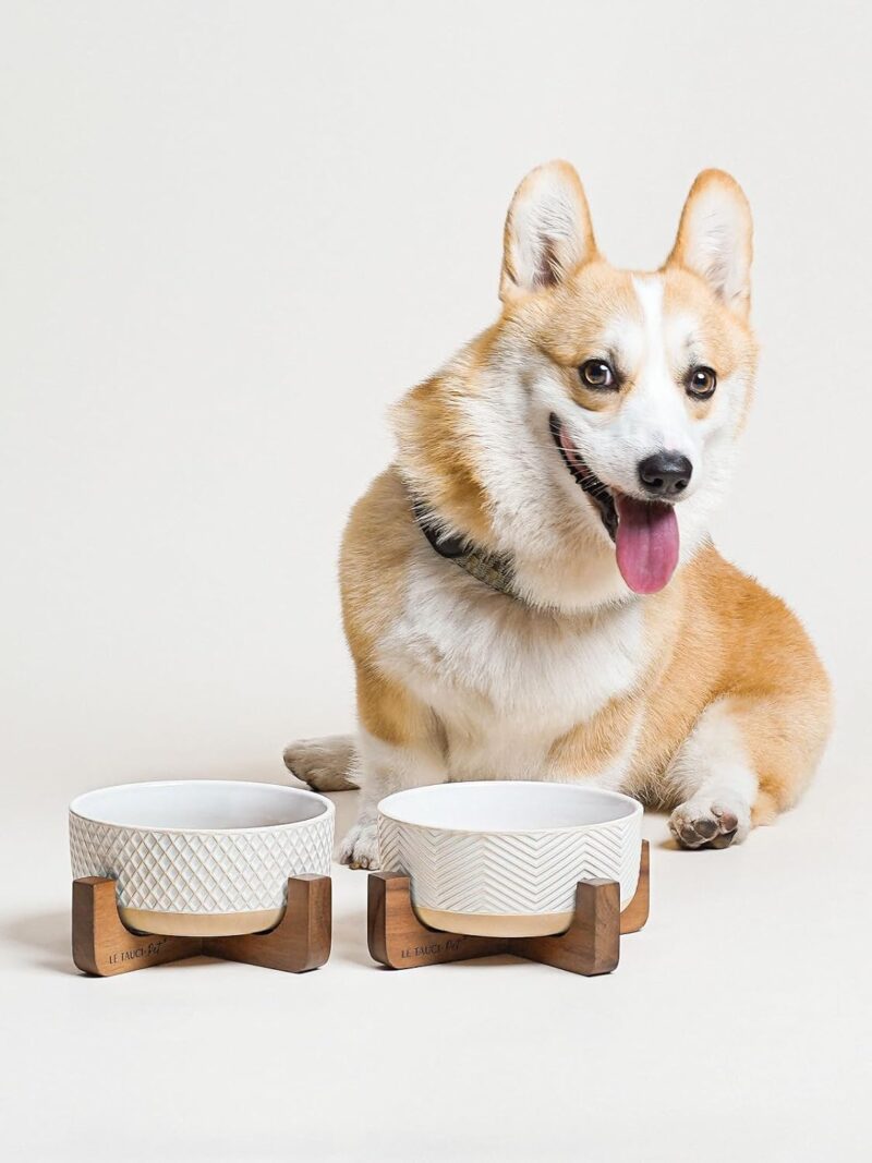 LE TAUCI Ceramic Dog Bowls, 4 Cups Food and Water Bowl for Small Medium Sized Dogs, Dog Feeding Bowls with Wood Stand, Cute Pet Bowls, Dog Dishes, Set of 2, Rhombus+Wave - Image 8