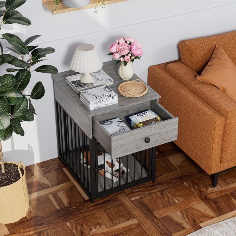 Small Dog Crate Furniture, Metal and Wood Dog Kennel End Table with Storage Drawer and Lock Door, Indoor Decorative Dog Crate Furniture for Small Dog, 19.7" L x 22.9" W x 27.2" H,Gray - Image 6