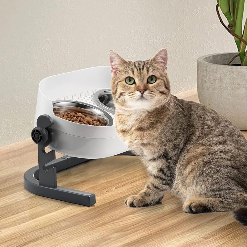 All for Paws Height Adjustable Cat Elevated Bowls Stainless Steel Dog Food Water Bowls, Height Adjustable Cat Feeder Mess Proof Pet Feeding Bowls for Small to Large Size Cats