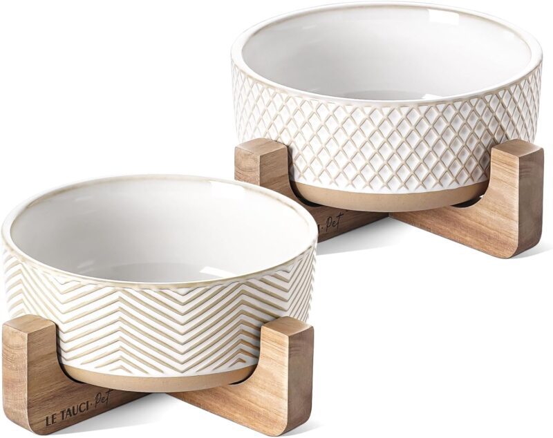 LE TAUCI Ceramic Dog Bowls, 4 Cups Food and Water Bowl for Small Medium Sized Dogs, Dog Feeding Bowls with Wood Stand, Cute Pet Bowls, Dog Dishes, Set of 2, Rhombus+Wave