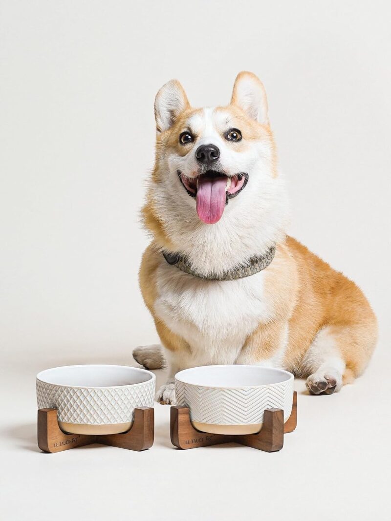 LE TAUCI Ceramic Dog Bowls, 4 Cups Food and Water Bowl for Small Medium Sized Dogs, Dog Feeding Bowls with Wood Stand, Cute Pet Bowls, Dog Dishes, Set of 2, Rhombus+Wave - Image 7