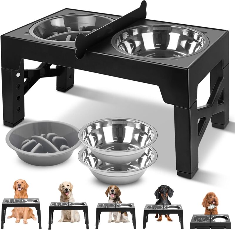 Elevated Dog Bowls, 5 Heights Adjustable Elevated Dog Bowls with Partition & Non-Slip Feet, Dog Feeder with Stainless Steel & Slow Feeder Dog Bowls, Raised Dog Bowls for Medium Large Dogs